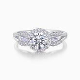 Round halo pavé moissanite engagement ring with center round stone and side emerald-cut accents