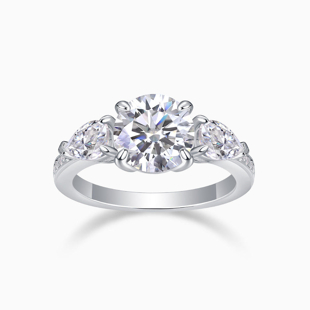 Three-stone moissanite engagement ring, white gold-plated band with round center and side stones