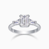 Three-stone emerald-cut moissanite ring, white gold vermeil, square stones in prong setting