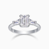 Three-stone emerald-cut moissanite ring, white gold vermeil, square stones in prong setting