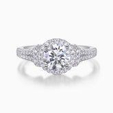 Round halo pavé moissanite engagement ring in white gold vermeil, oval halo with pavé band