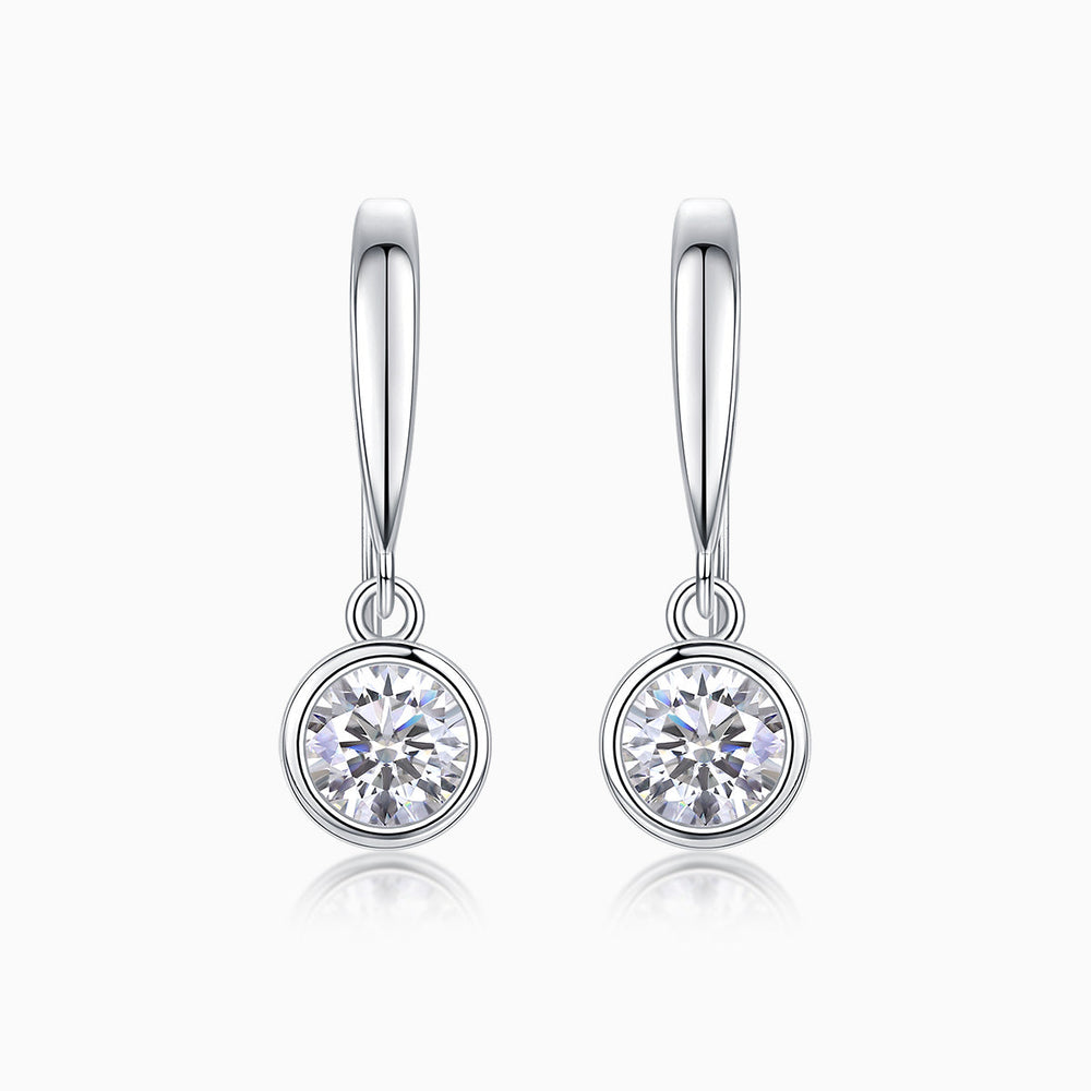 Bezel solitaire moissanite drop earrings, round stone in white gold vermeil