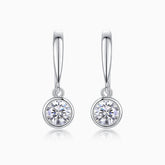 Bezel solitaire moissanite drop earrings, round stone in white gold vermeil