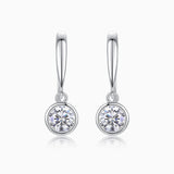 Bezel solitaire moissanite drop earrings, round stone in white gold vermeil