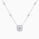 Cushion halo moissanite pendant necklace with station chain, white gold vermeil