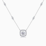 Cushion halo moissanite pendant necklace with station chain, white gold vermeil