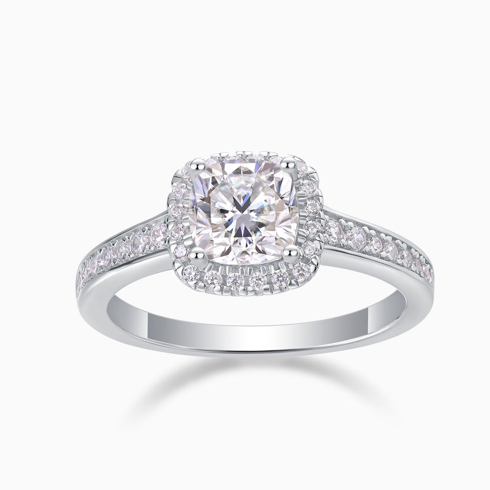 Cushion halo pavé moissanite engagement ring, white gold vermeil, pavé band detail