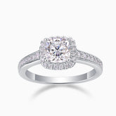 Cushion halo pavé moissanite engagement ring, white gold vermeil, pavé band detail