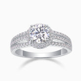 Round halo moissanite ring with pavé split shank, white gold vermeil