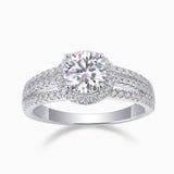 Round halo moissanite ring with pavé split shank, white gold vermeil