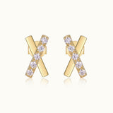 Pair of cross moissanite pave stud earrings, yellow gold vermeil