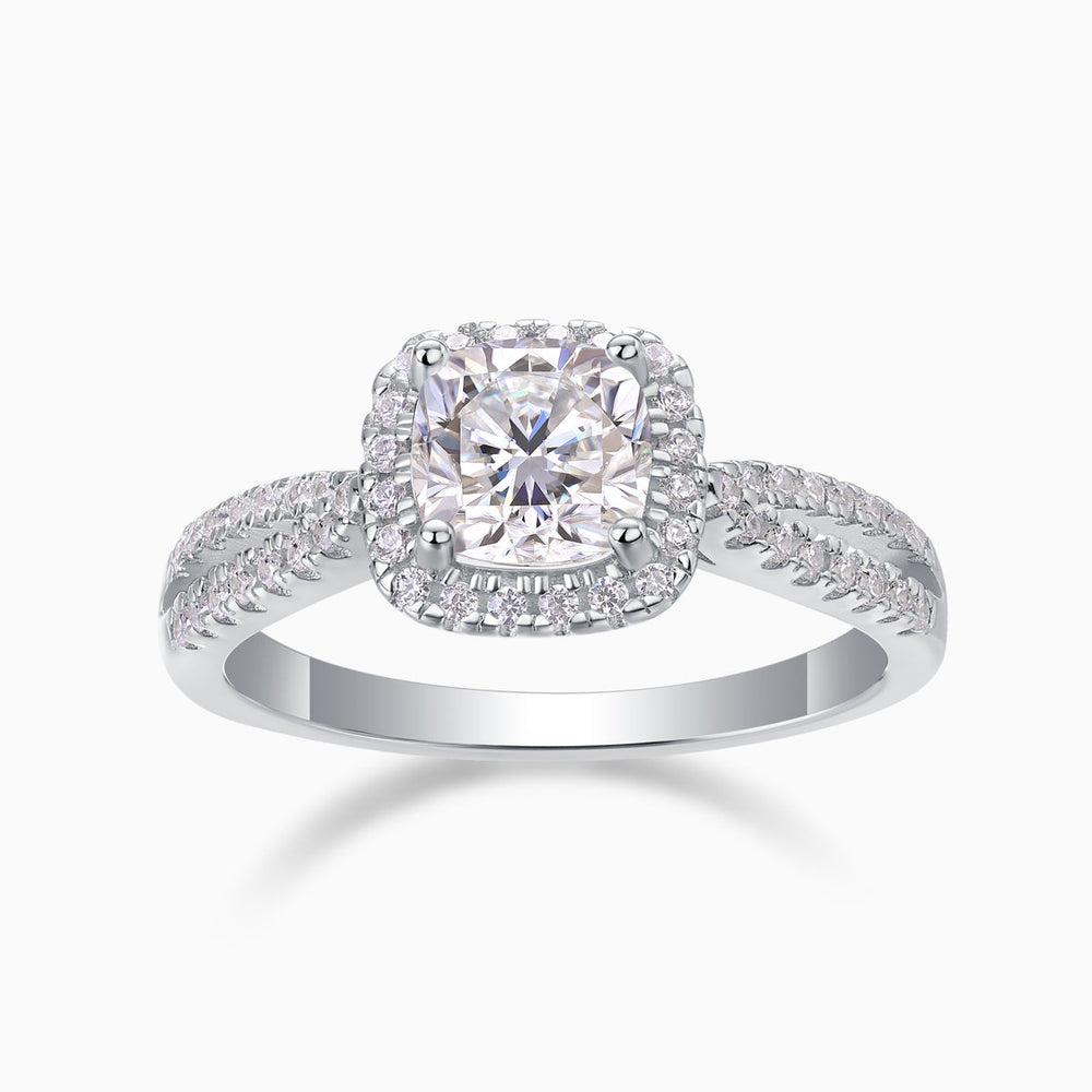 Anillo halo doble pavé cushion con split shank, white gold vermeil