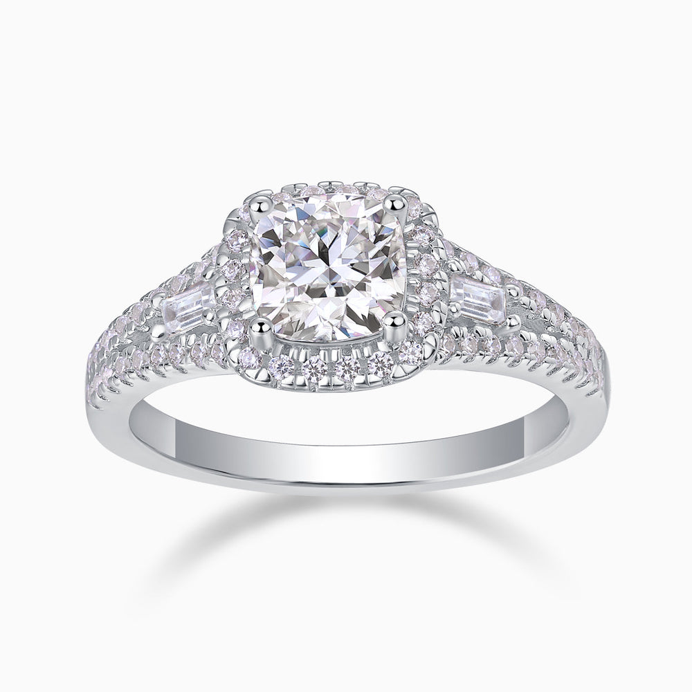 Cushion cut halo baguette & pavé moissanite ring, white gold vermeil, round center