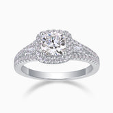 Cushion cut halo baguette & pavé moissanite ring, white gold vermeil, round center