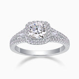 Cushion cut halo baguette & pavé moissanite ring, white gold vermeil, round center