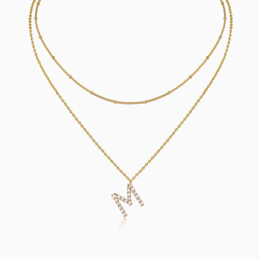 Double-layer initial M moissanite necklace, yellow gold vermeil, sparkling letter M