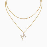 Double-layer initial M moissanite necklace, yellow gold vermeil, sparkling letter M