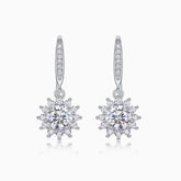 Sunflower halo drop earrings, round moissanite center with starburst crystal halo (white gold)
