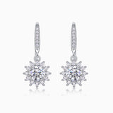 Sunflower halo drop earrings, round moissanite center with starburst crystal halo (white gold)