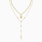 2-layer lariat necklace set, yellow gold vermeil, cross and coin pendants