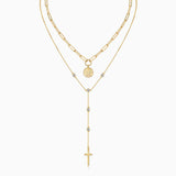 2-layer lariat necklace set, yellow gold vermeil, cross and coin pendants