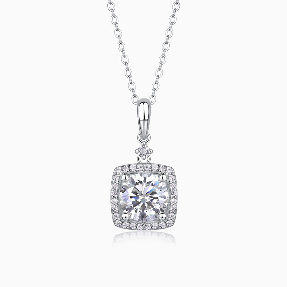 Moissanite pendant with square halo and chain, white gold vermeil finish, 2ct