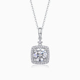 Moissanite pendant with square halo and chain, white gold vermeil finish, 2ct