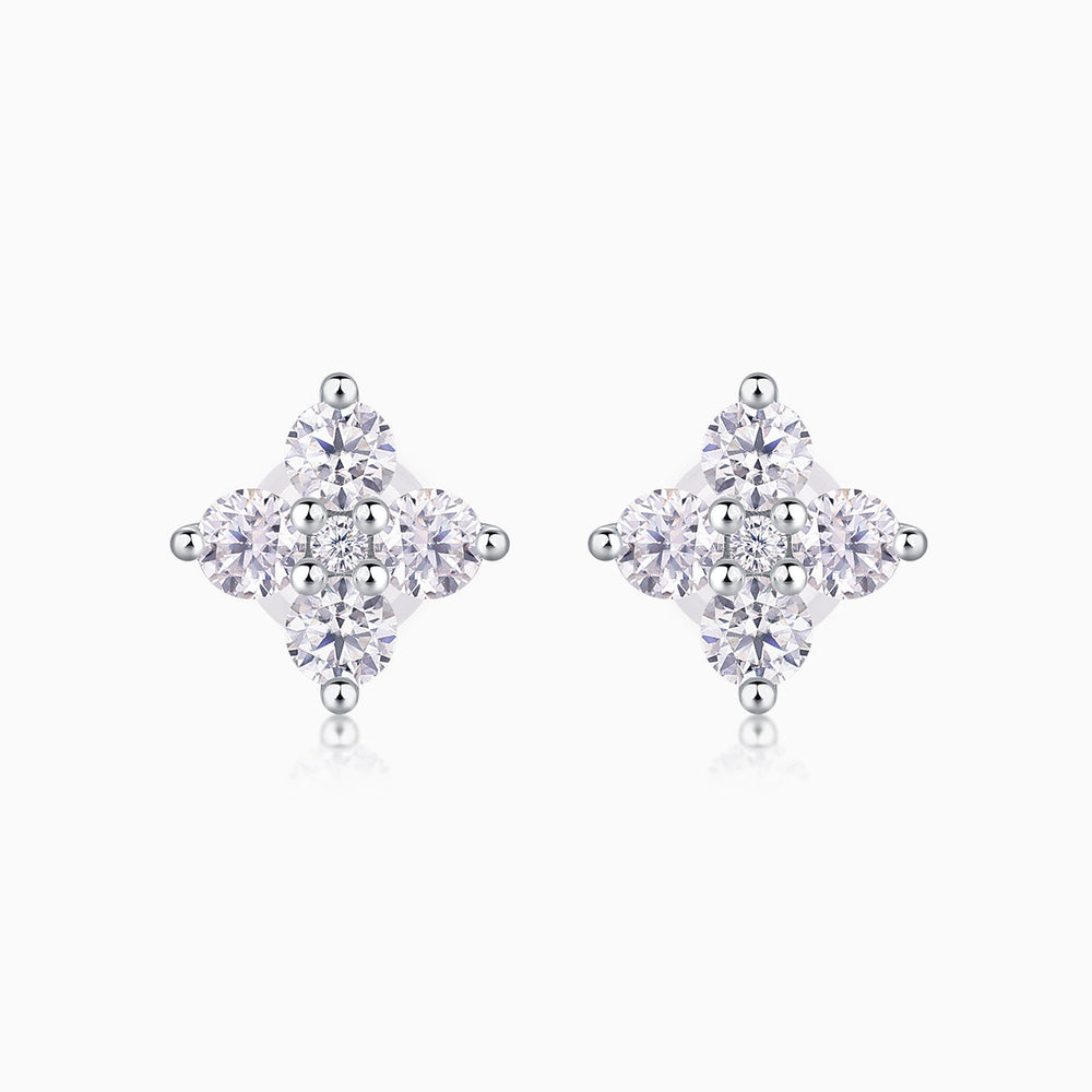 Moissanite stud earrings with four-stone cluster in white gold vermeil setting