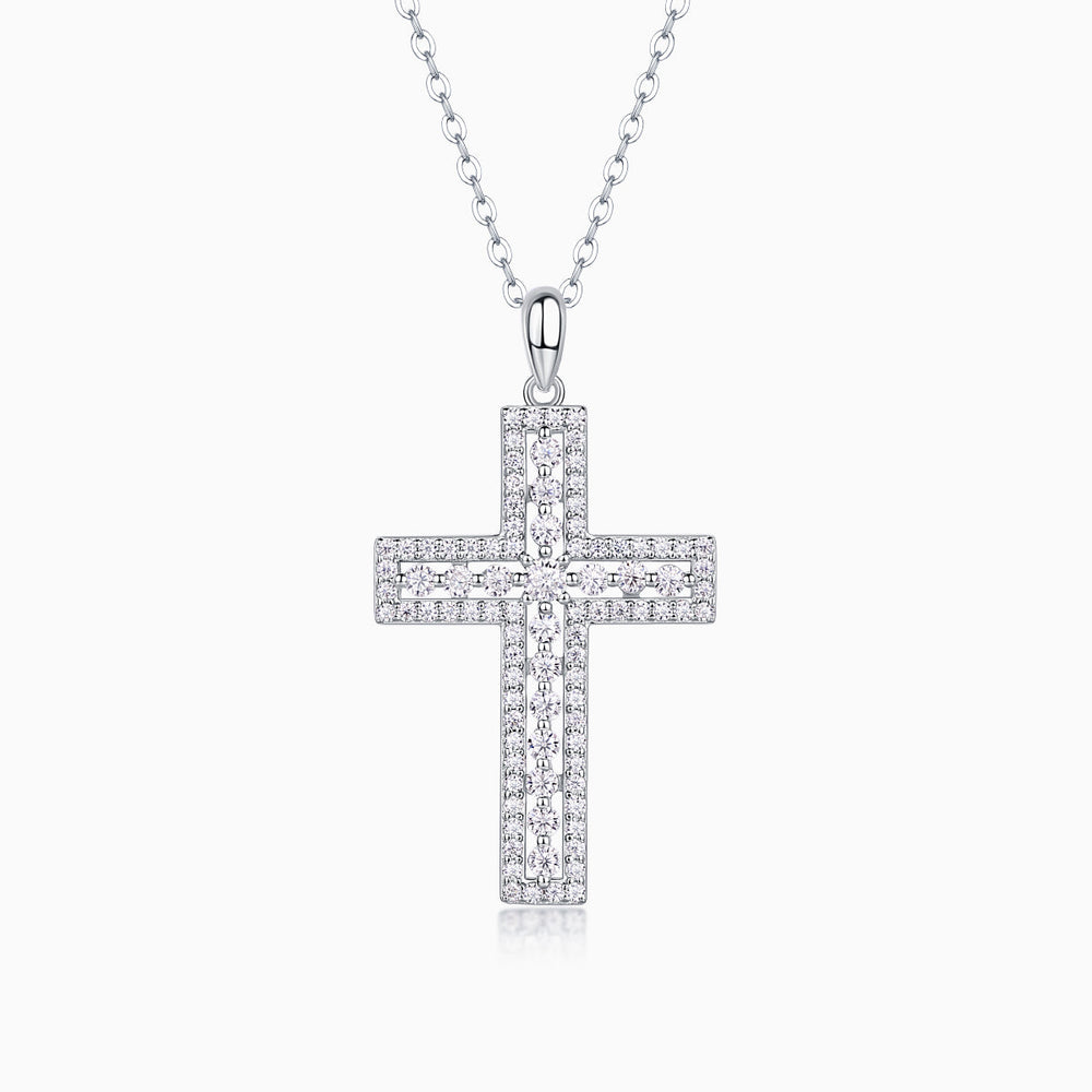 Pavé cross pendant necklace, white gold vermeil, sparkling stone cross pendant