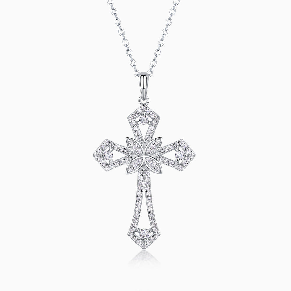 Gothic floral cross pendant necklace with pavé moissanite, white gold tone, chain