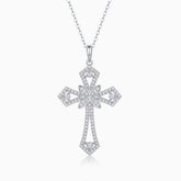 Gothic floral cross pendant necklace with pavé moissanite, white gold tone, chain