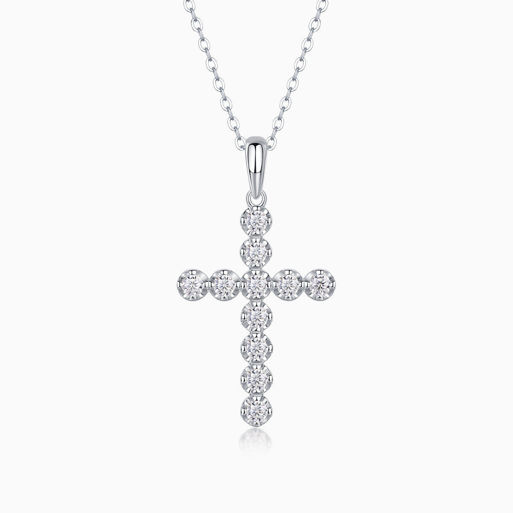 White gold cross pendant with round moissanite stones on link chain