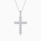 White gold cross pendant with round moissanite stones on link chain