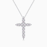 White metal round moissanite cross pendant with bezel-set round stones