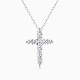 White metal round moissanite cross pendant with bezel-set round stones