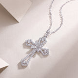 Pavé moissanite Gothic floral cross pendant necklace, floral center, white gold tone