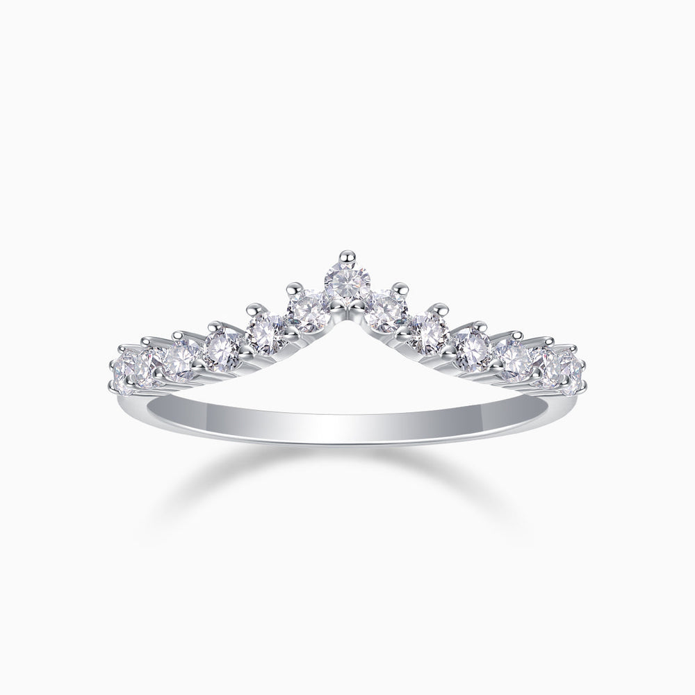 Curved Moissanite Pavé Band in white gold vermeil, arched ring with round pavé stones