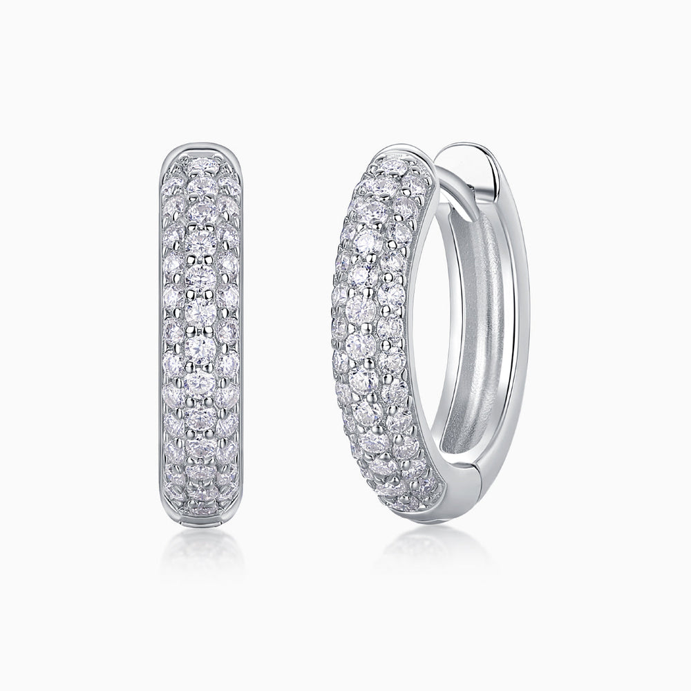 Triple row pavé moissanite huggie hoop earrings in white gold vermeil
