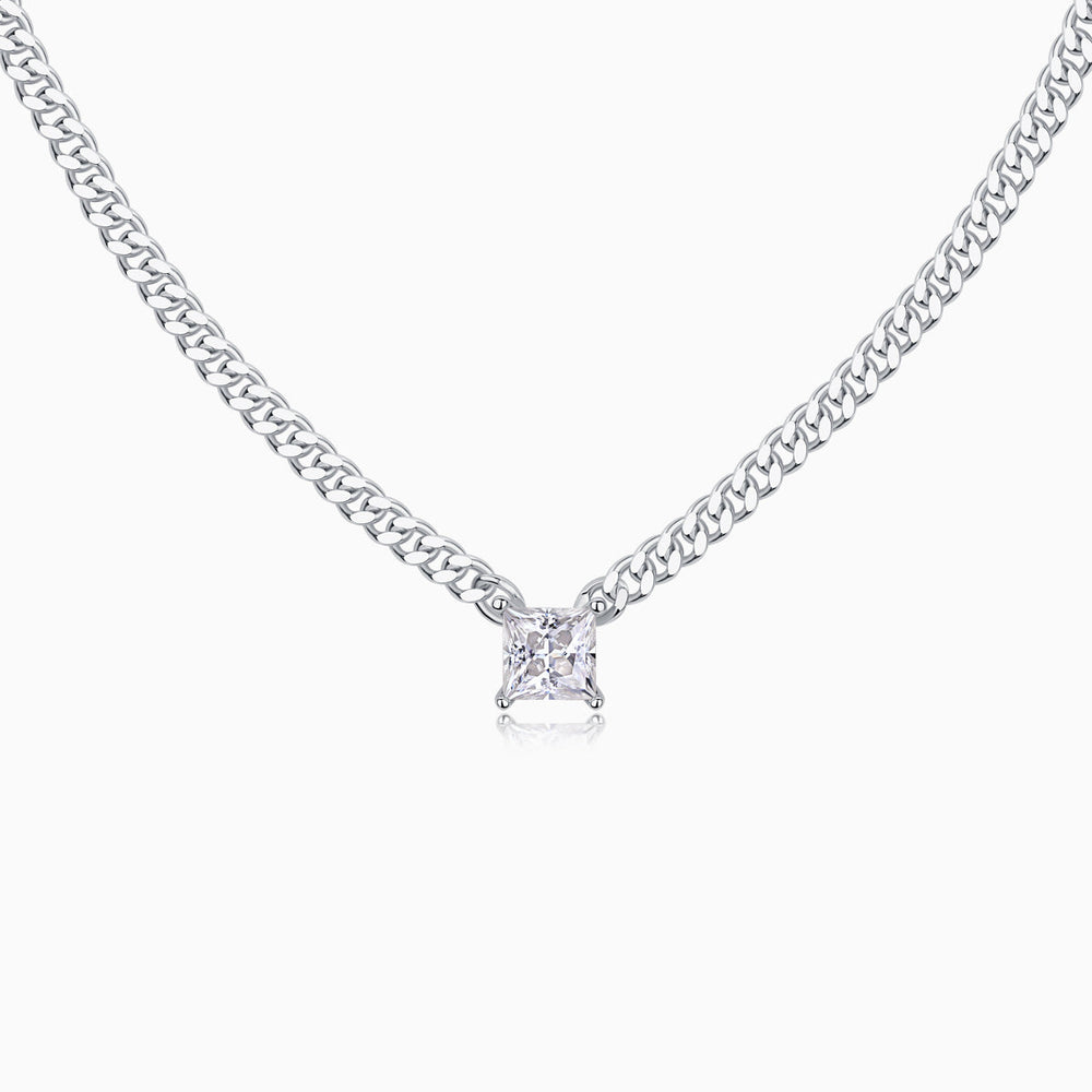 Princess cut moissanite Cuban link chain necklace with square pendant, white gold vermeil