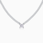 Princess cut moissanite Cuban link chain necklace with square pendant, white gold vermeil