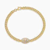 Yellow gold vermeil Cuban link bracelet with sparkling evil-eye oval center, 7.5in