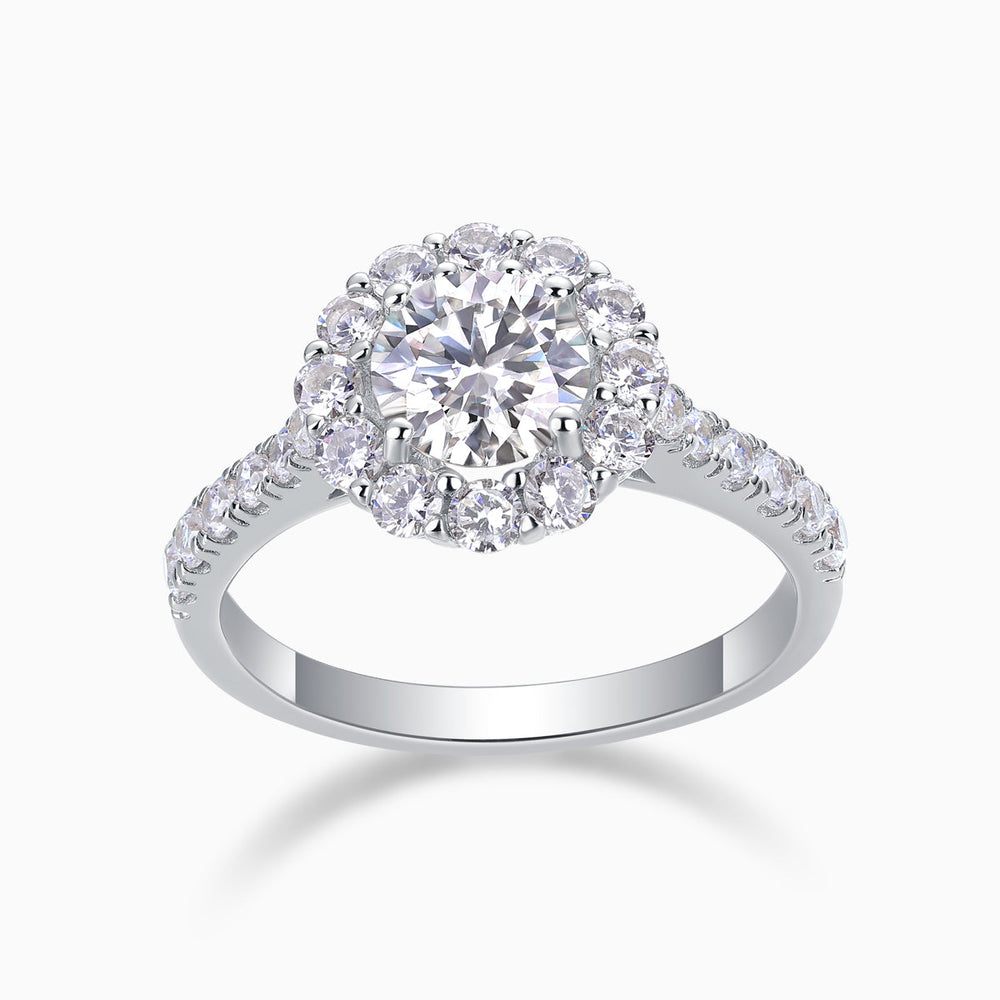 Round halo moissanite engagement ring with pavé band, white gold vermeil
