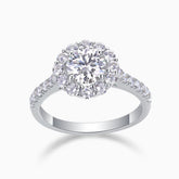 Round halo moissanite engagement ring with pavé band, white gold vermeil