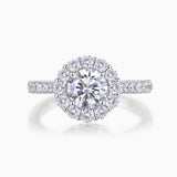 Round halo moissanite engagement ring with pavé shoulders, white gold vermeil