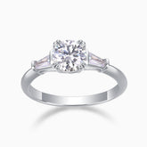 Three-stone round moissanite engagement ring, white metal band with center round stone