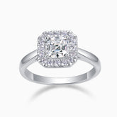 Asscher-cut solitaire moissanite ring, white gold vermeil, halo with small stones