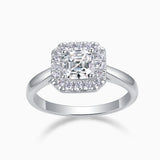 Asscher-cut solitaire moissanite ring, white gold vermeil, halo with small stones