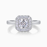 Asscher-cut solitaire moissanite ring with square halo and clustered side stones