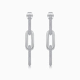 White gold vermeil pavé bar paperclip drop earrings, oval link with bright stones