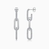 Pavé bar paperclip drop earrings, front and side views with stud back and oval link